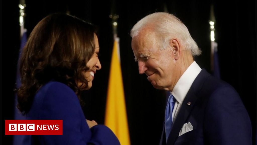 Joe Biden and Kamala Harris smiling in front of flags
